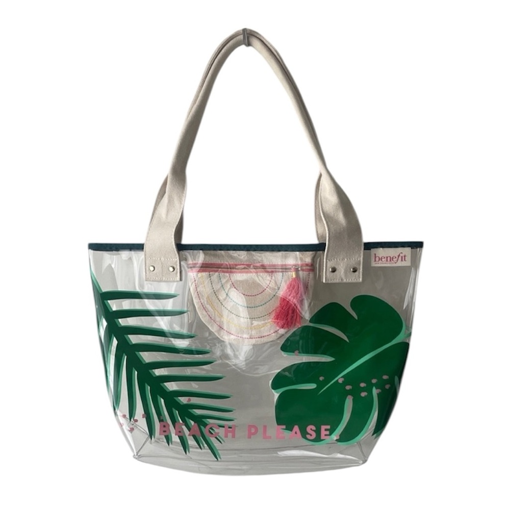 Benefit Clear Tote with Green Tropical Leaves and Pink Accents